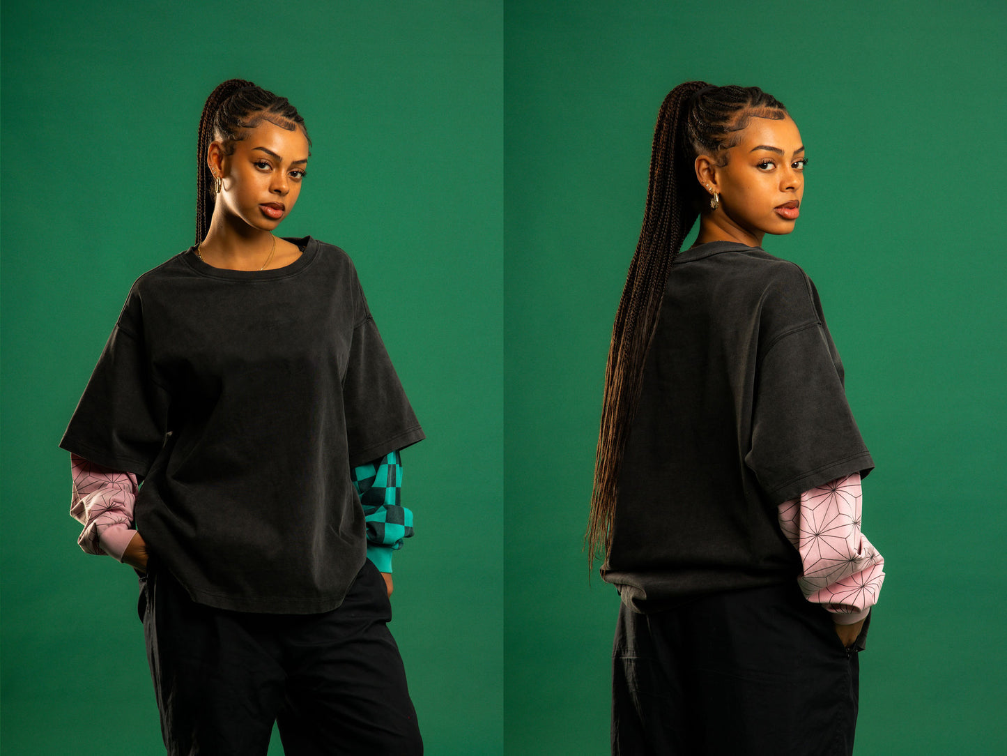 DEMON SLAYER SIBLING DOUBLE LAYER LONG SLEEVE SHIRT (WASHED BLACK)