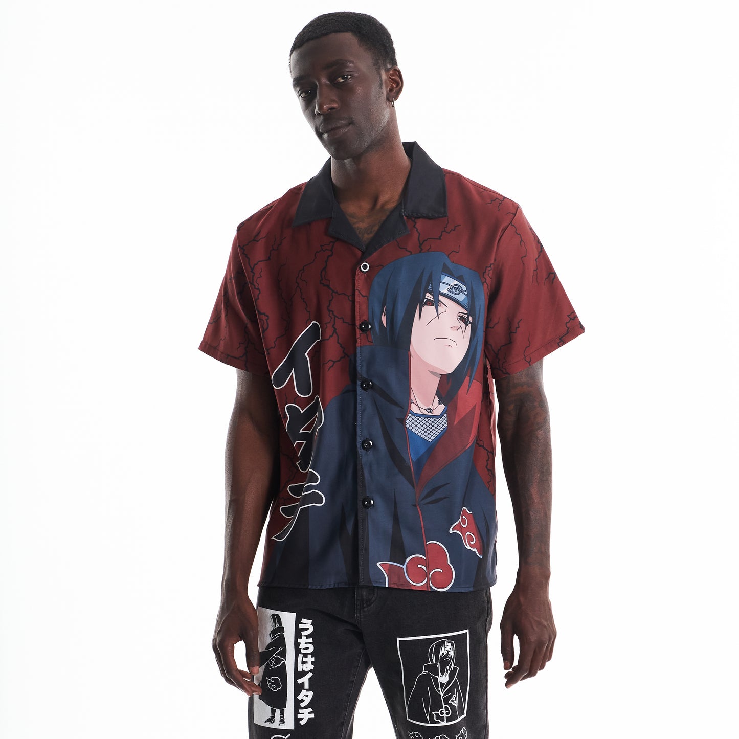 SHIPPUDEN ITACHI THUNDER BUTTON UP SHIRT (MAROON)