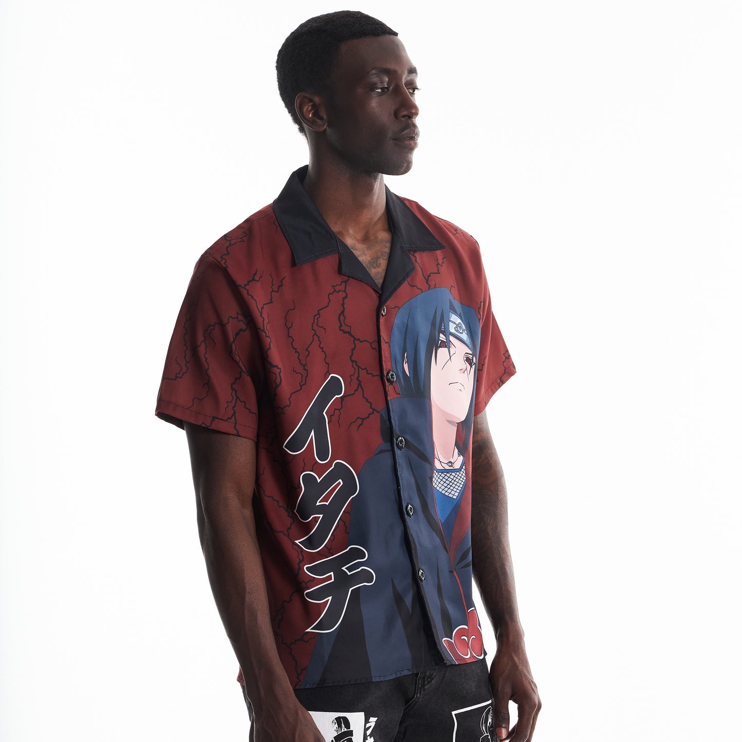 SHIPPUDEN ITACHI THUNDER BUTTON UP SHIRT (MAROON)