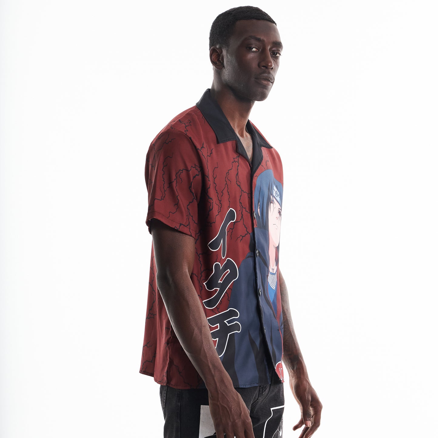 SHIPPUDEN ITACHI THUNDER BUTTON UP SHIRT (MAROON)