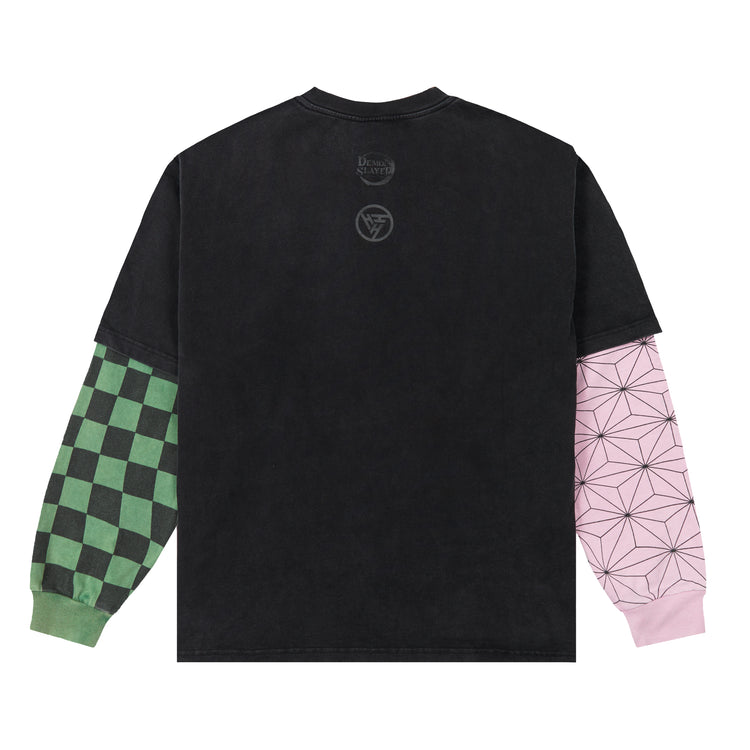 DEMON SLAYER SIBLING DOUBLE LAYER LONG SLEEVE SHIRT (WASHED BLACK)