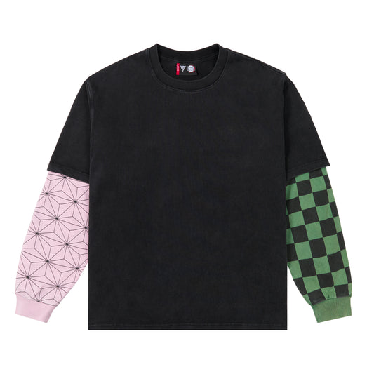 DEMON SLAYER SIBLING DOUBLE LAYER LONG SLEEVE SHIRT (WASHED BLACK)