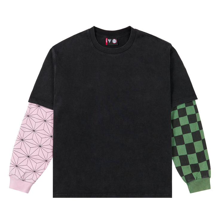 DEMON SLAYER SIBLING DOUBLE LAYER LONG SLEEVE SHIRT (WASHED BLACK)