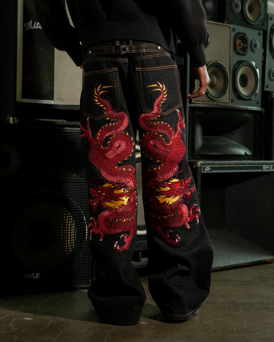 RED DRAGON EMBROIDERED DENIM (DARK WASH)
