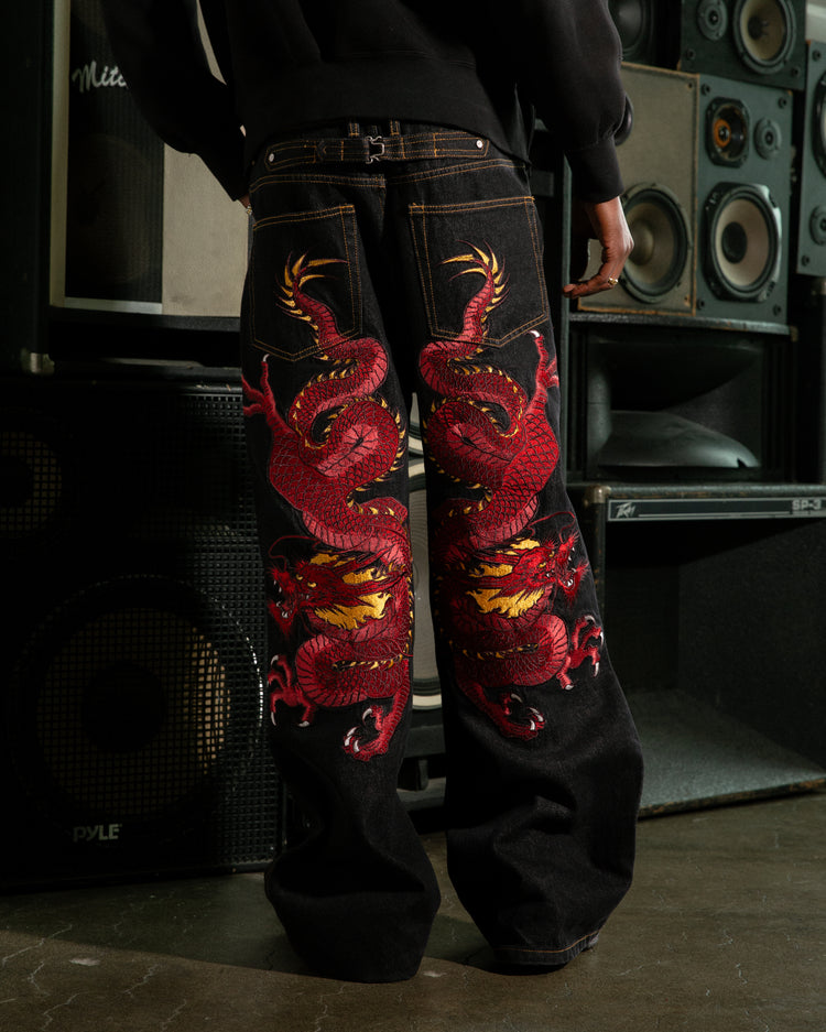 RED DRAGON EMBROIDERED DENIM (DARK WASH)