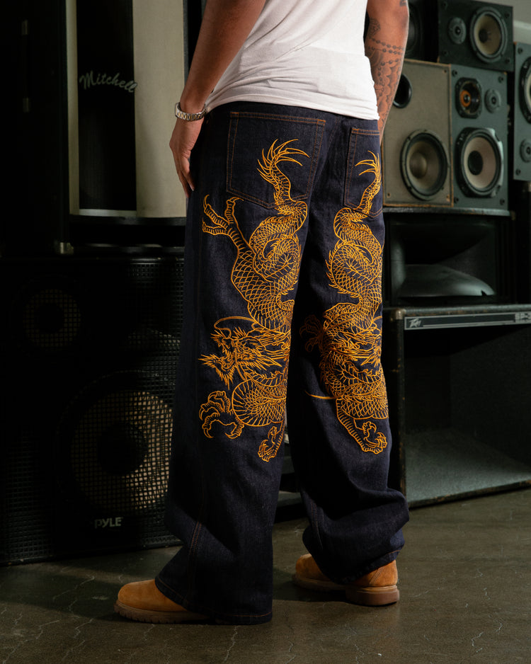 DRAGON OUTLINE EMBROIDERED DENIM (INDIGO)