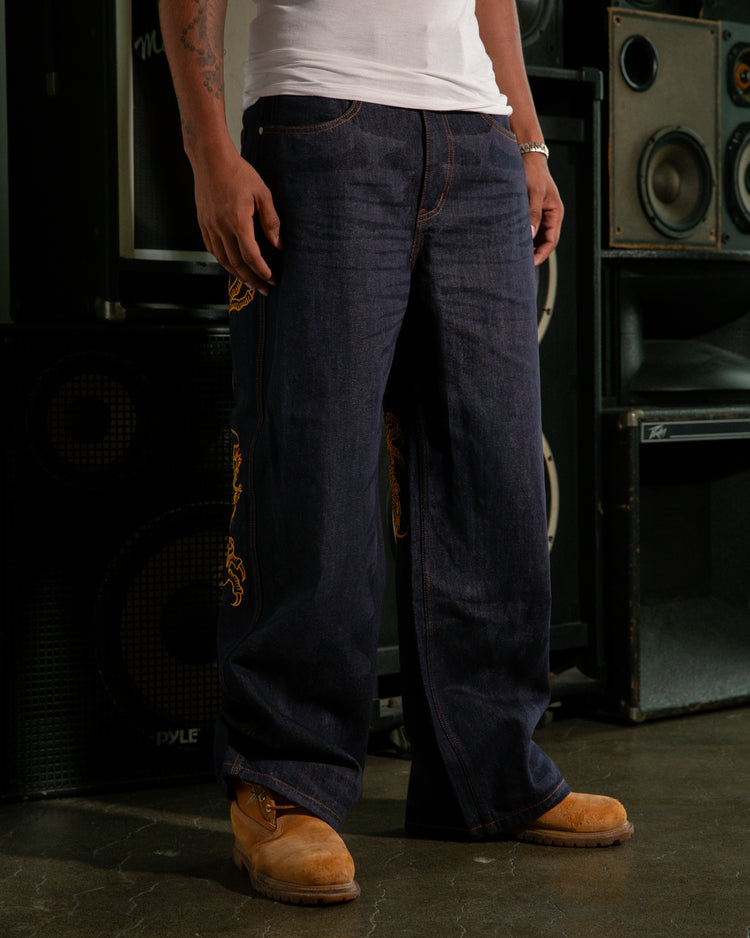 DRAGON OUTLINE EMBROIDERED DENIM (INDIGO)
